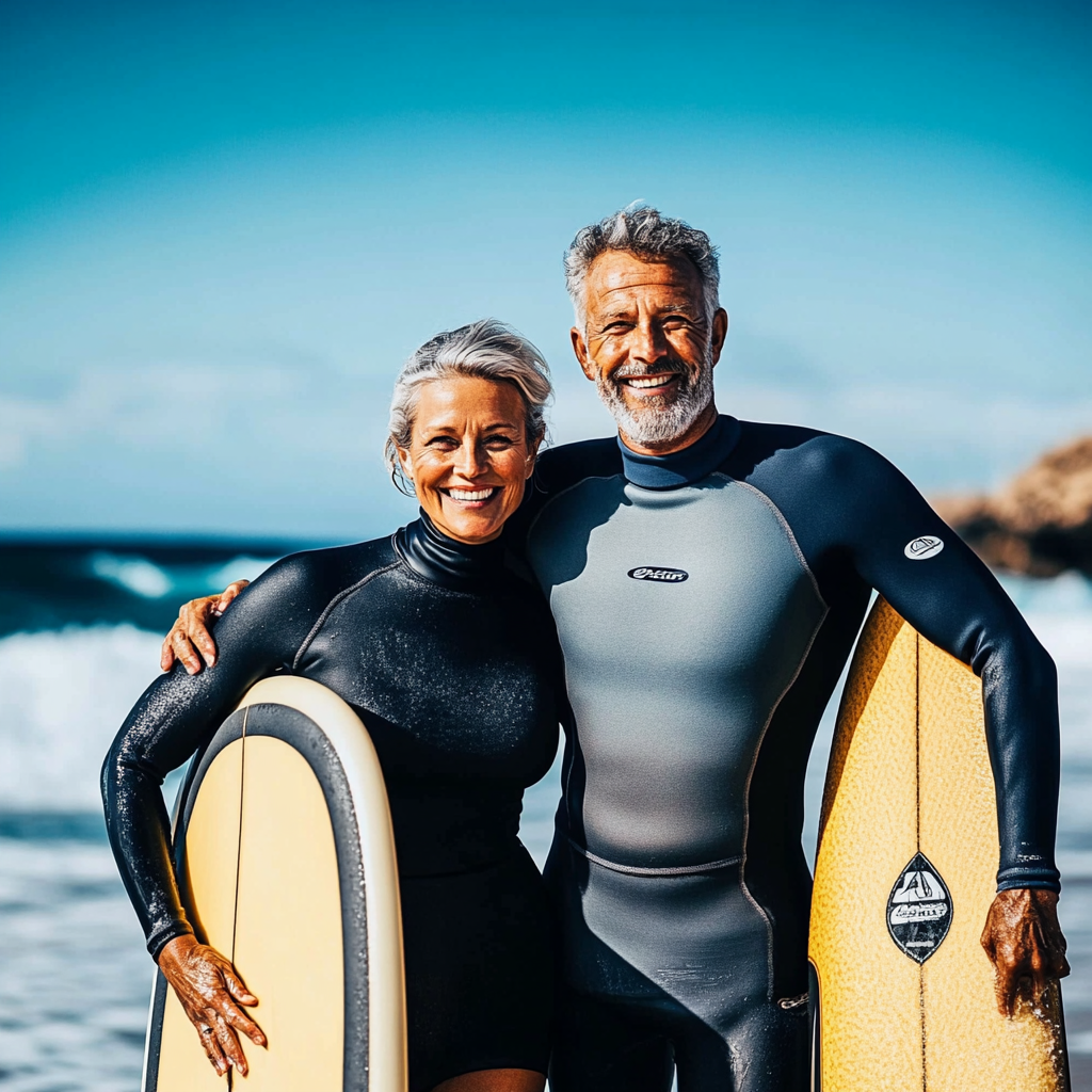 agemaster couple on the beach surfing
